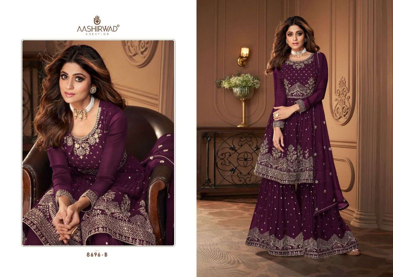 Heroine Gold By Aashirwad Creation 8696-A To 8696-D Series Beautiful Stylish Sharara Suits Fancy Colorful Casual Wear & Ethnic Wear & Ready To Wear Real Georgette Embroidered Dresses At Wholesale Price