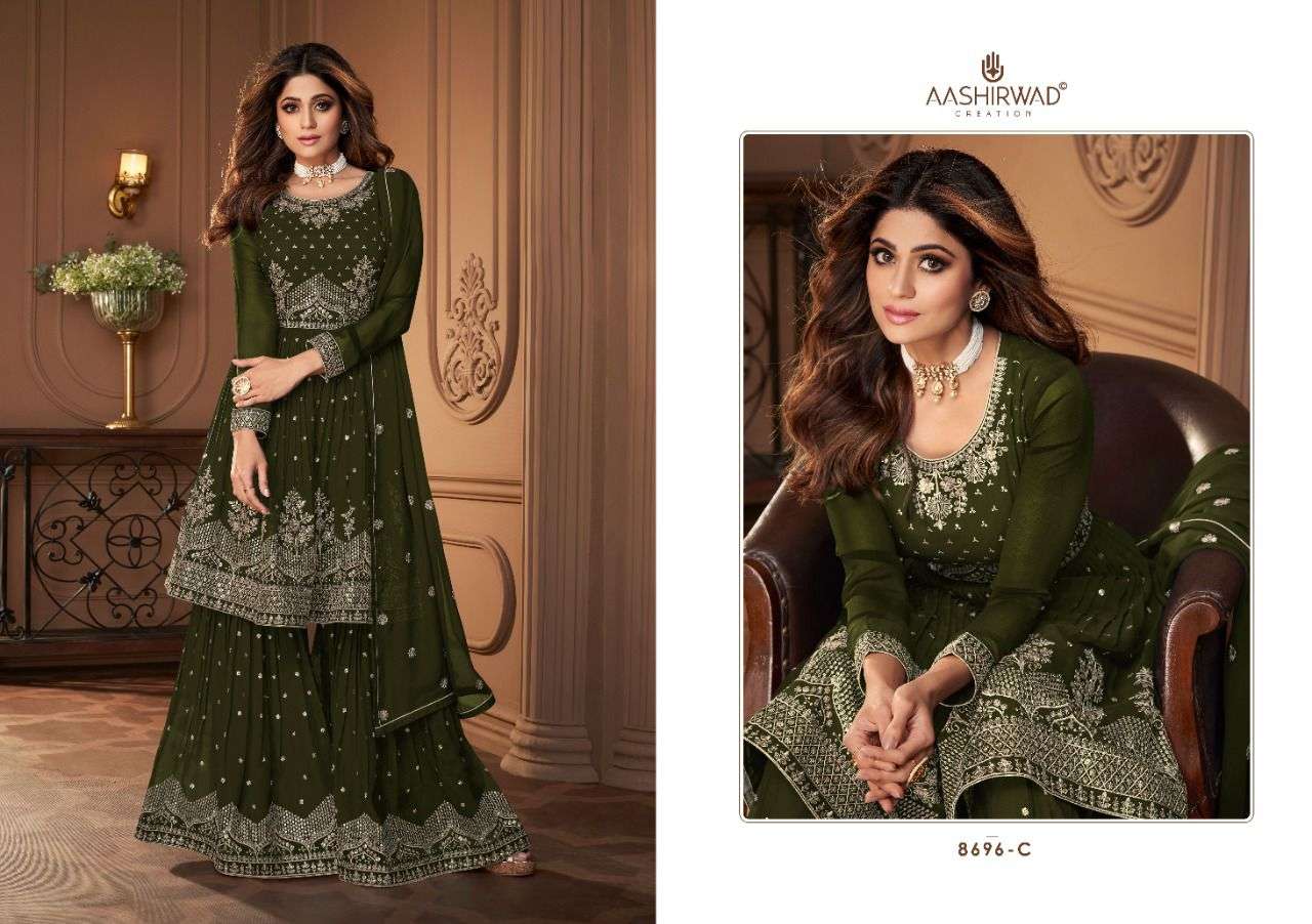 Heroine Gold By Aashirwad Creation 8696-A To 8696-D Series Beautiful Stylish Sharara Suits Fancy Colorful Casual Wear & Ethnic Wear & Ready To Wear Real Georgette Embroidered Dresses At Wholesale Price