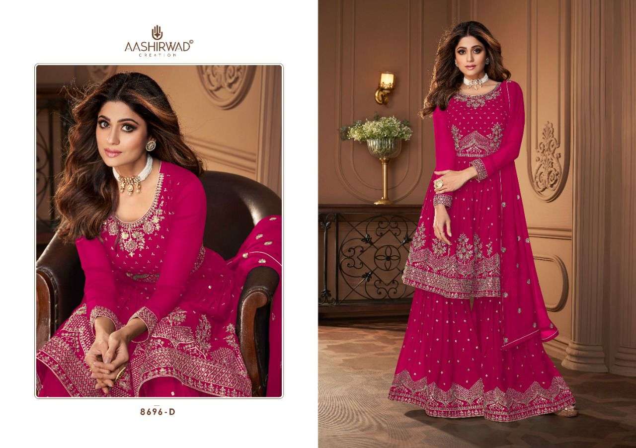 Heroine Gold By Aashirwad Creation 8696-A To 8696-D Series Beautiful Stylish Sharara Suits Fancy Colorful Casual Wear & Ethnic Wear & Ready To Wear Real Georgette Embroidered Dresses At Wholesale Price