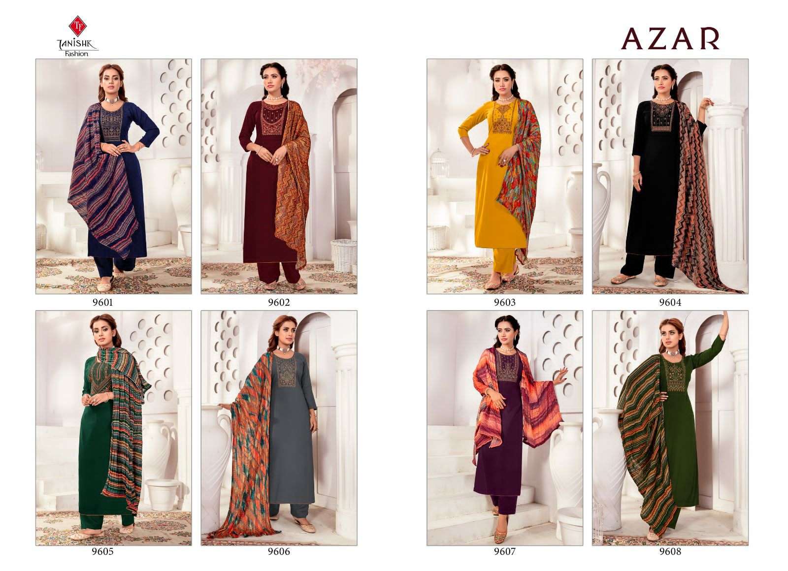 Azar By Tanishk Fashion 9601 To 9608 Series Beautiful Festive Suits Colorful Stylish Fancy Casual Wear & Ethnic Wear Pure Rayon Slub Print Dresses At Wholesale Price
