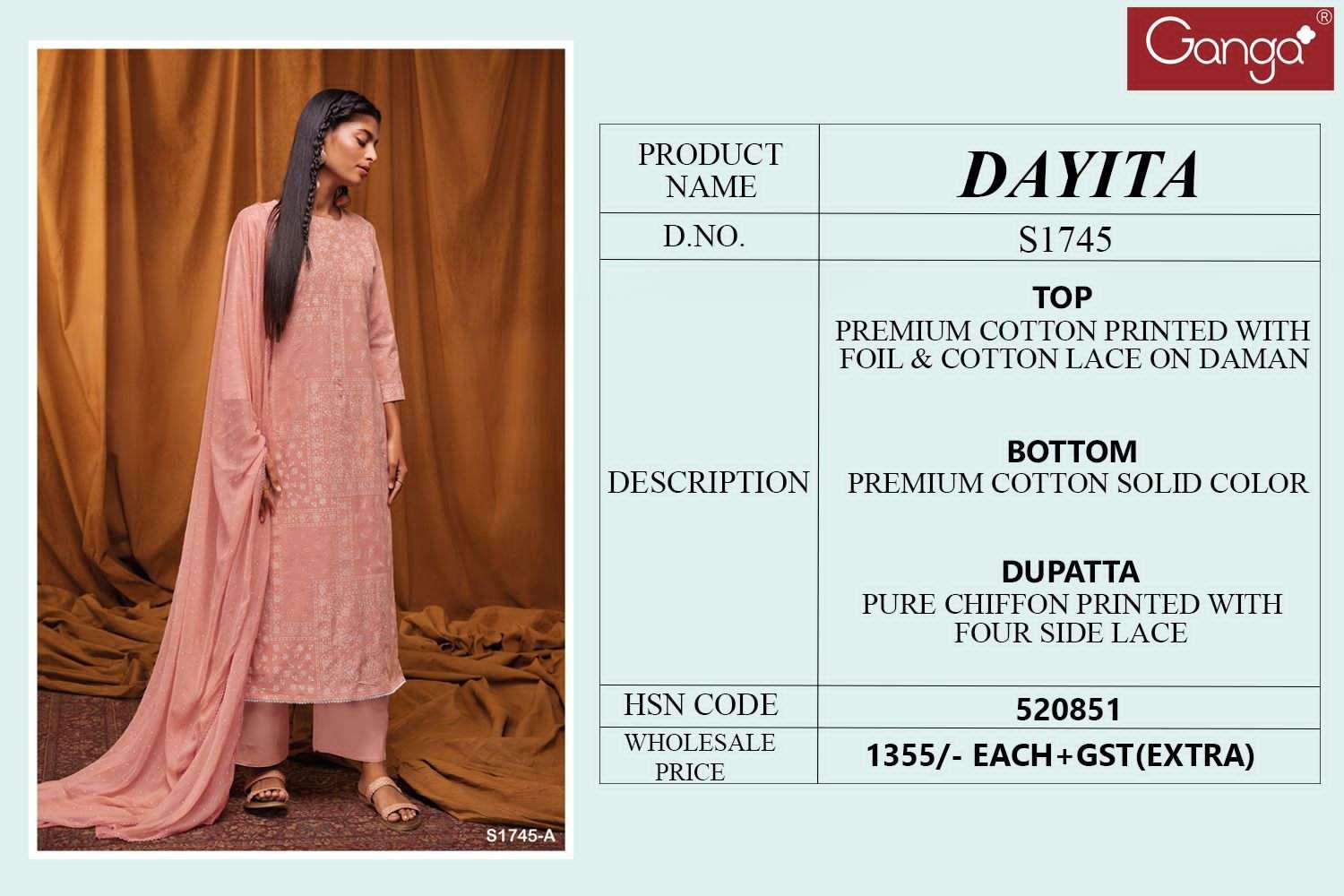 Dayita-1745 By Ganga Fashion 1745-A To 1745-D Series Beautiful Stylish Festive Suits Fancy Colorful Casual Wear & Ethnic Wear & Ready To Wear Cotton Embroidered Dresses At Wholesale Price