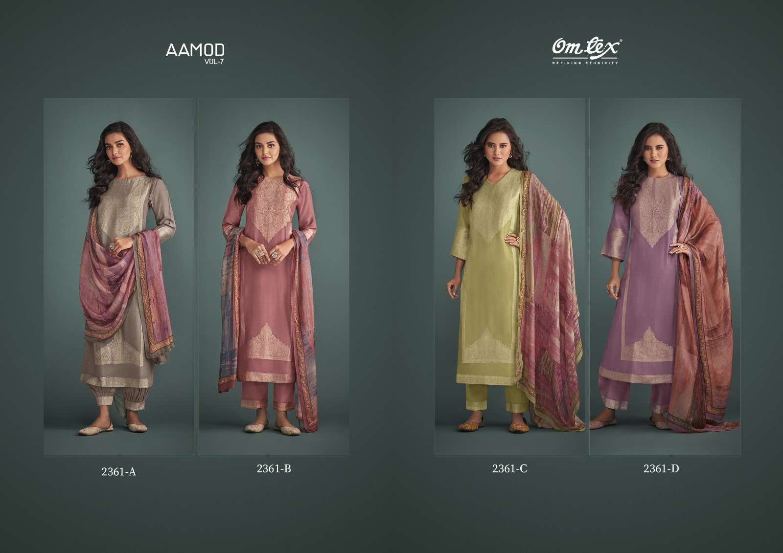 Aamod Vol-7 By Om Tex 2361-A To 2361-D Series Beautiful Stylish Festive Suits Fancy Colorful Casual Wear & Ethnic Wear & Ready To Wear Muslin Jacquard Dresses At Wholesale Price