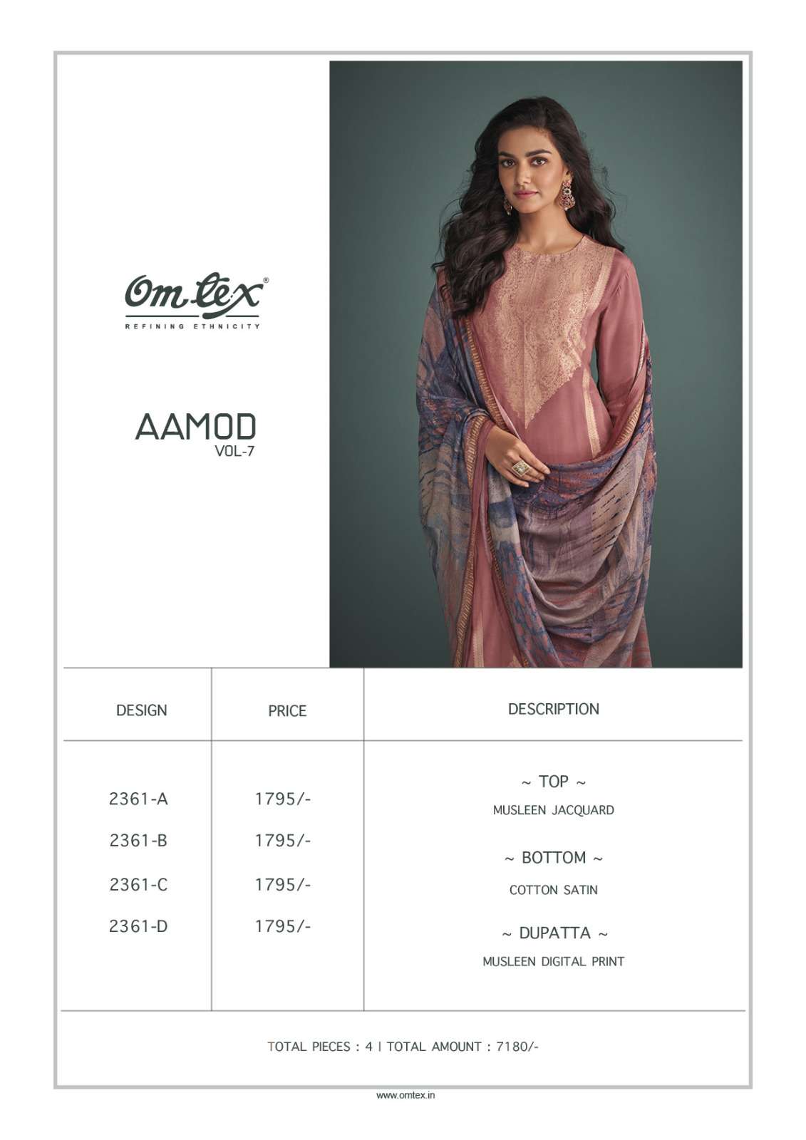 Aamod Vol-7 By Om Tex 2361-A To 2361-D Series Beautiful Stylish Festive Suits Fancy Colorful Casual Wear & Ethnic Wear & Ready To Wear Muslin Jacquard Dresses At Wholesale Price