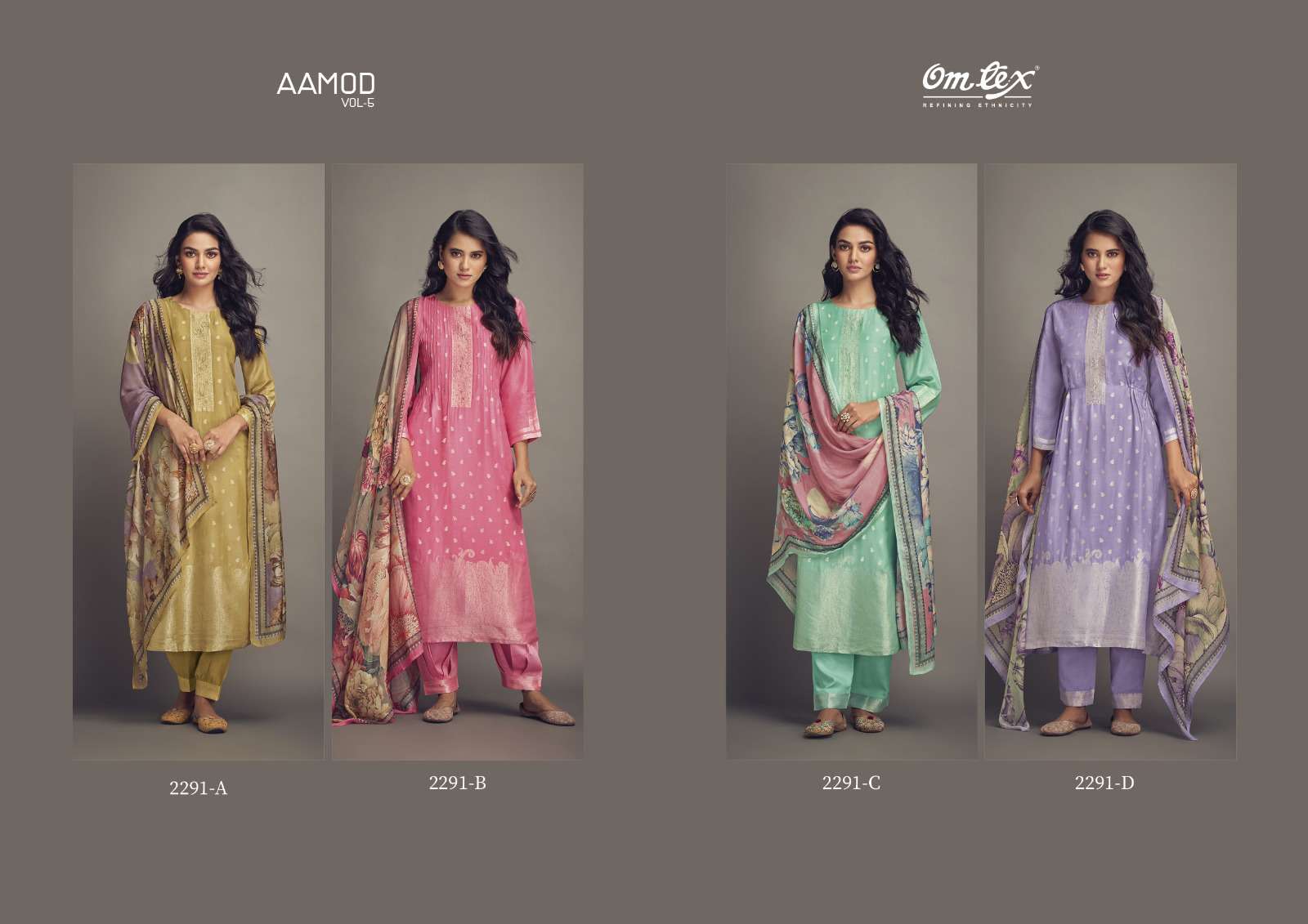 Aamod Vol-6 By Om Tex 2291-A To 2291-D Series Beautiful Stylish Festive Suits Fancy Colorful Casual Wear & Ethnic Wear & Ready To Wear Muslin Jacquard Dresses At Wholesale Price