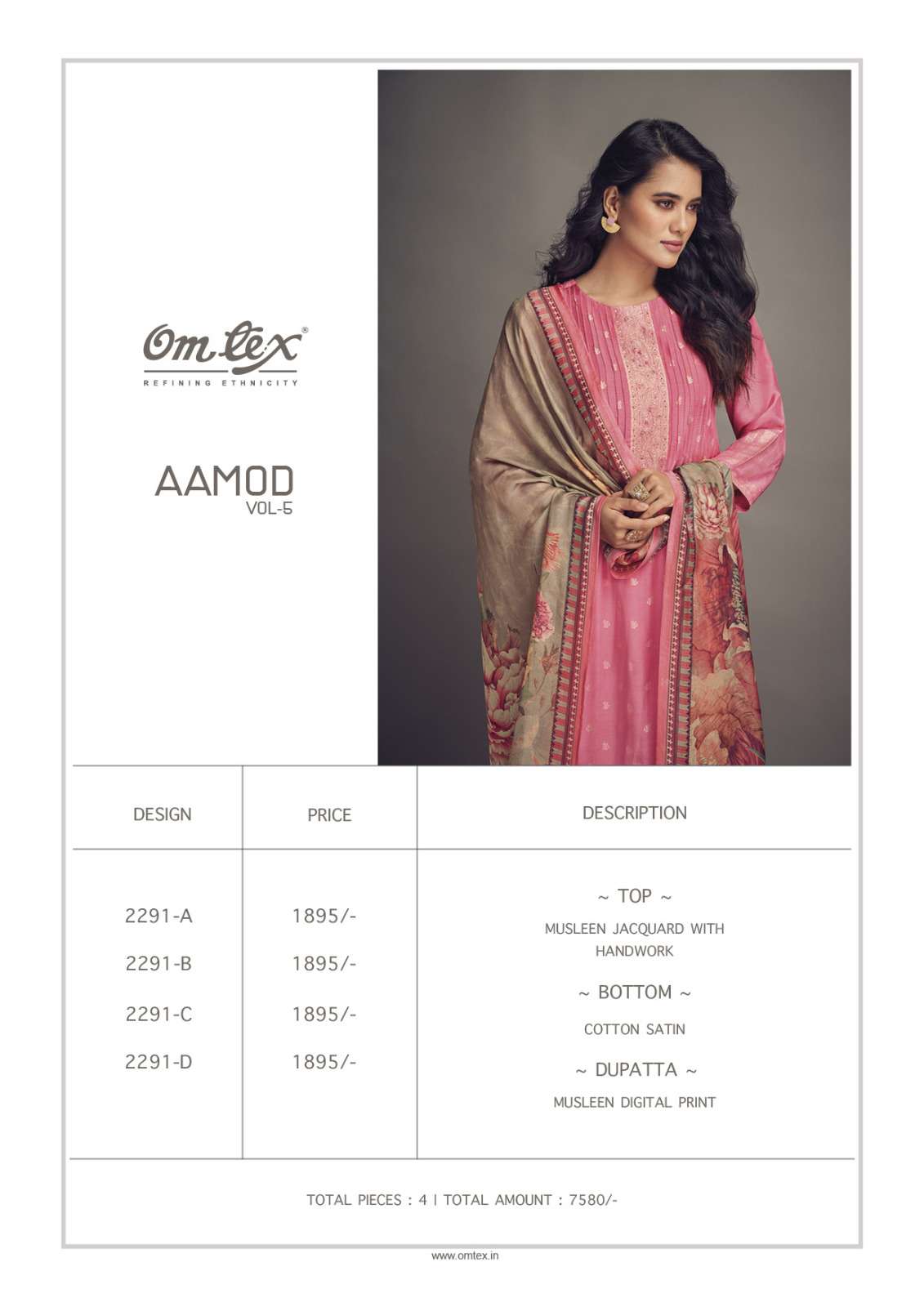 Aamod Vol-6 By Om Tex 2291-A To 2291-D Series Beautiful Stylish Festive Suits Fancy Colorful Casual Wear & Ethnic Wear & Ready To Wear Muslin Jacquard Dresses At Wholesale Price