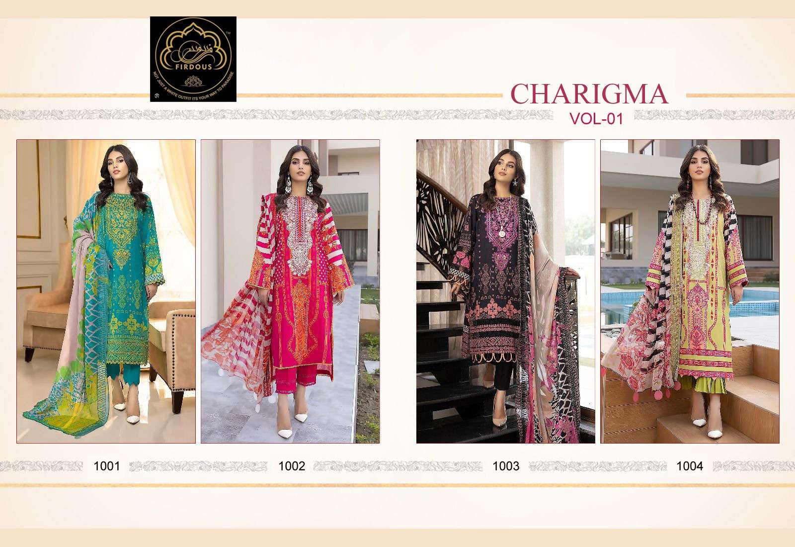 Charigma Vol-1 By Firdous 1001 To 1004 Series Pakistani Suits Beautiful Fancy Colorful Stylish Party Wear & Occasional Wear Pure Cambric With Embroidery Dresses At Wholesale Price