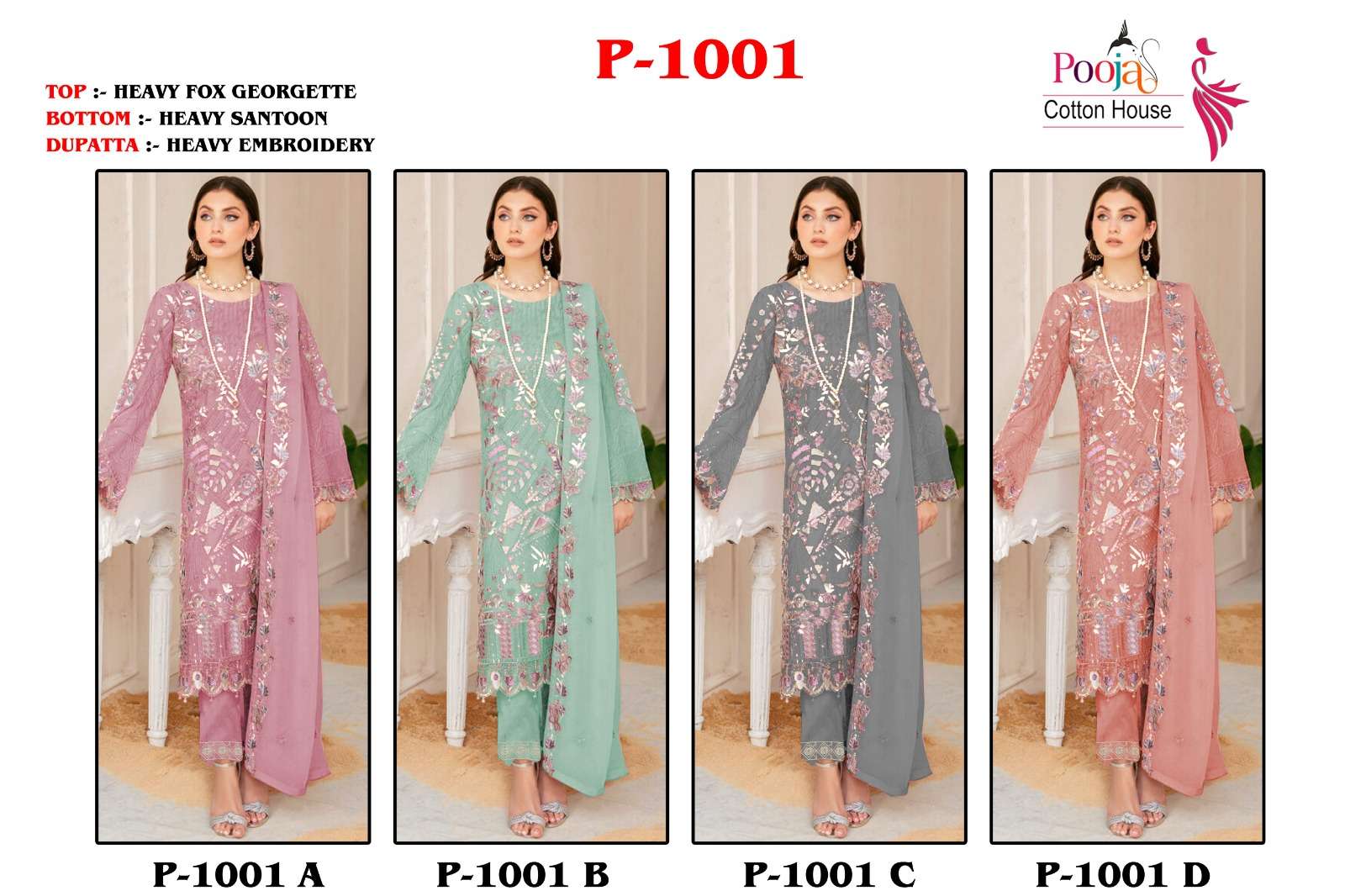 Pooja 1001 Colours By Pooja Cotton House 1001-A To 1001-D Series Beautiful Pakistani Suits Colorful Stylish Fancy Casual Wear & Ethnic Wear Faux Georgette Embroidered Dresses At Wholesale Price