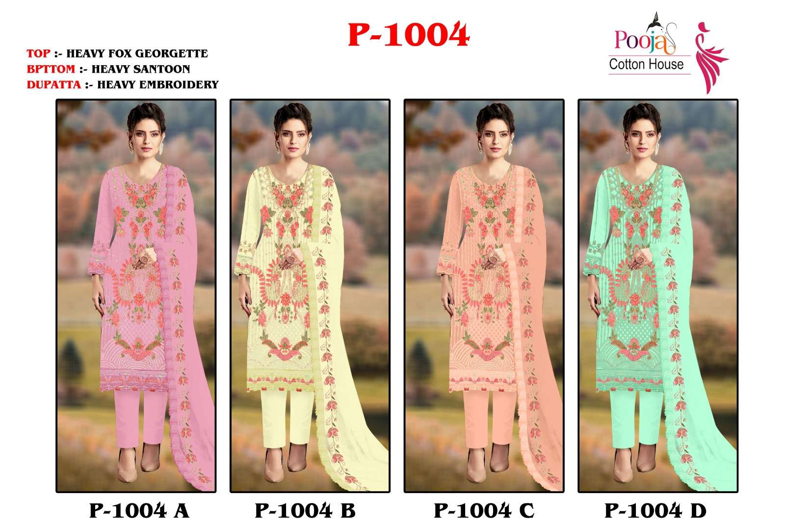 Pooja 1004 Colours By Pooja Cotton House 1004-A To 1004-D Series Beautiful Pakistani Suits Colorful Stylish Fancy Casual Wear & Ethnic Wear Faux Georgette Embroidered Dresses At Wholesale Price