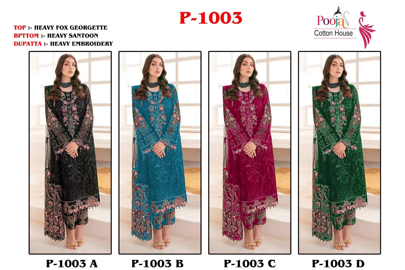 Pooja 1003 Colours By Pooja Cotton House 1003-A To 1003-D Series Beautiful Pakistani Suits Colorful Stylish Fancy Casual Wear & Ethnic Wear Faux Georgette Embroidered Dresses At Wholesale Price
