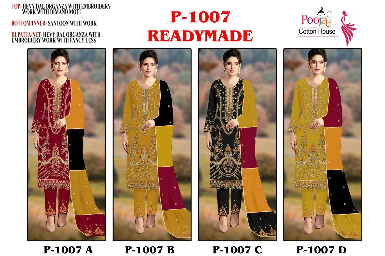 Pooja 1007 Colours By Pooja Cotton House 1007-A To 1007-D Series Beautiful Pakistani Suits Colorful Stylish Fancy Casual Wear & Ethnic Wear Heavy Organza Embroidered Dresses At Wholesale Price