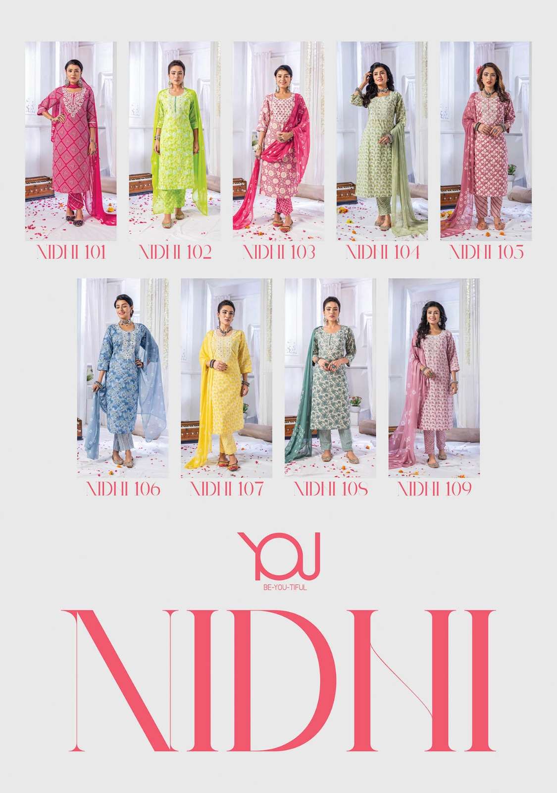 Nidhi By You 101 To 109 Series Designer Festive Suits Beautiful Fancy Stylish Colorful Party Wear & Occasional Wear Pure Cambric Cotton With Work Dresses At Wholesale Price