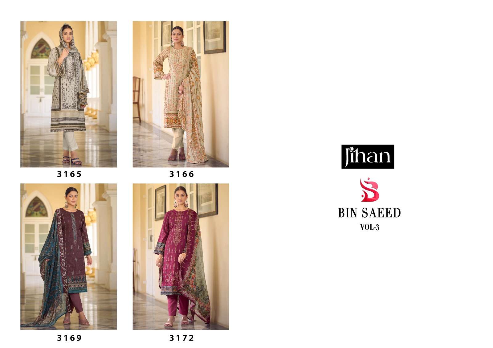 Bin Saeed Vol-3 By Jihan Beautiful Stylish Pakistani Suits Fancy Colorful Casual Wear & Ethnic Wear & Ready To Wear Pure Cambric Printed Dresses At Wholesale Price