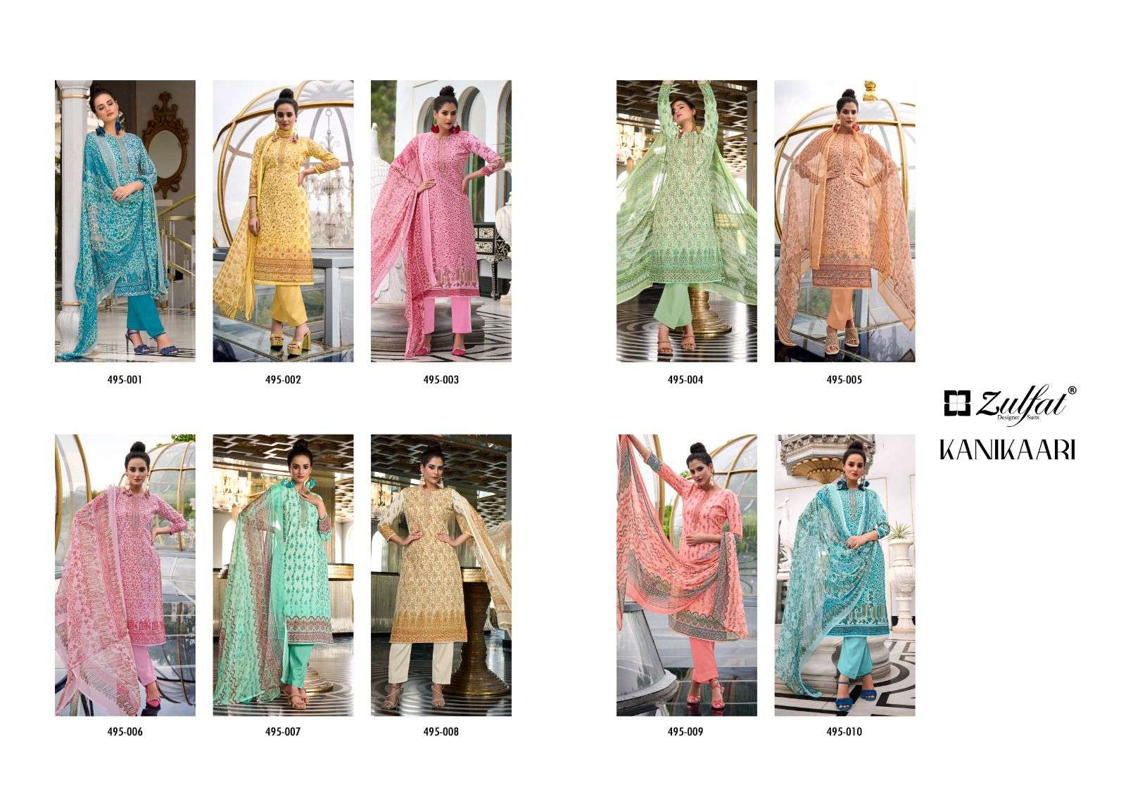 Kanikaari By Zulfat 495-001 To 495-010 Series Designer Festive Suits Beautiful Fancy Stylish Colorful Party Wear & Occasional Wear Pure Cotton Print With Embroidery Dresses At Wholesale Price