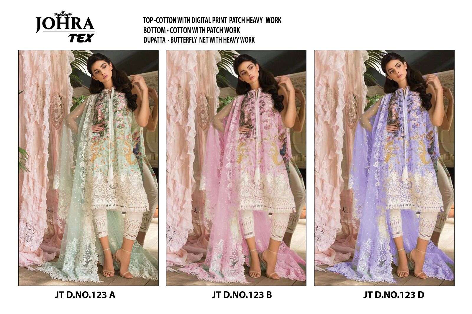 Johra Hit Design 123 Colours By Johra Tex 123-A To 123-C Series Pakistani Suits Beautiful Fancy Colorful Stylish Party Wear & Occasional Wear Pure Cotton With Embroidery Dresses At Wholesale Price