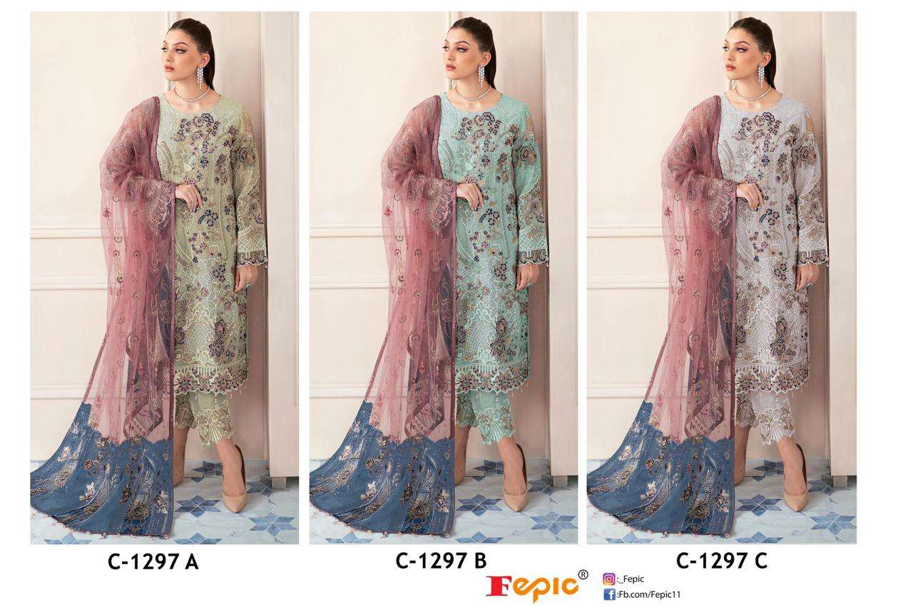 Fepic 1297 Colours By Fepic 1297-A To 1297-C Series Beautiful Pakistani Suits Stylish Fancy Colorful Casual Wear & Ethnic Wear Faux Georgette Embroidery Dresses At Wholesale Price