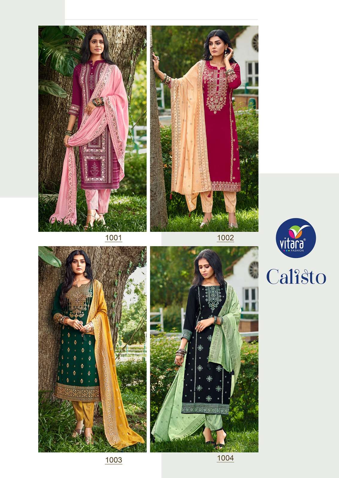 Calisto By Vitara 1001 To 1004 Series Beautiful Suits Colorful Stylish Fancy Casual Wear & Ethnic Wear Rayon Foil Digital Print Dresses At Wholesale Price