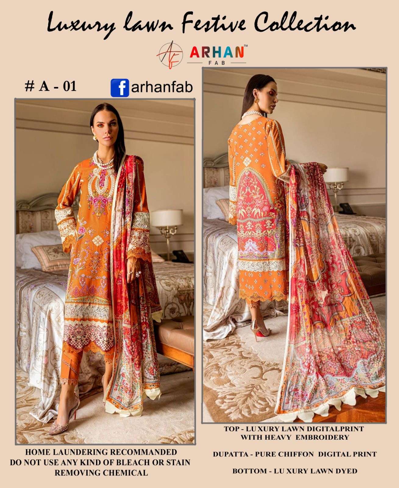 Luxury Lawn Festive Collection By Arhan Fab 01 To 05 Series Pakistani Suits Beautiful Fancy Colorful Stylish Party Wear & Occasional Wear Luxury Lawn Print With Embroidery Dresses At Wholesale Price
