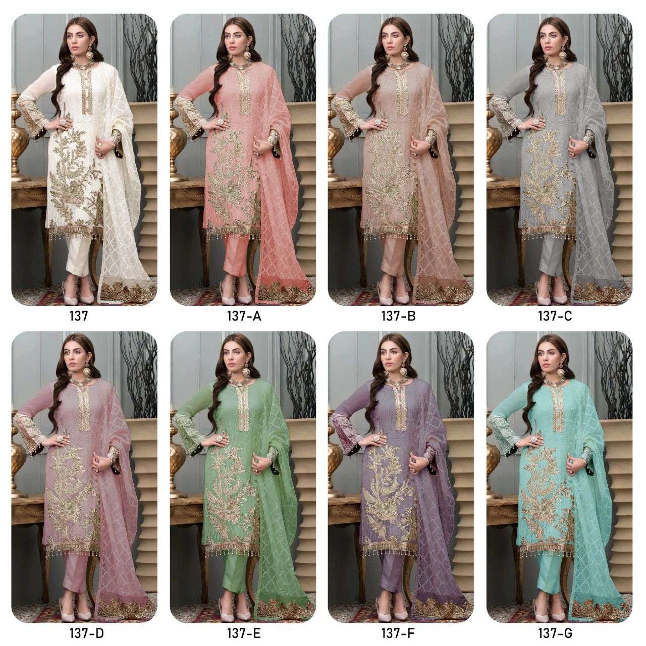 Kf-137 Colours By Fashid Wholesale 137 To 137-G Series Pakistani Suits Collection Beautiful Stylish Fancy Colorful Party Wear & Occasional Wear Georgette Embroidered Dresses At Wholesale Price