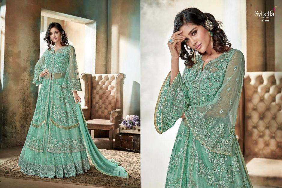 Sybella Hit Design S-608 By Sybella Creation Indian Traditional Beautiful Stylish Designer Banarasi Silk Jacquard Embroidered Party Wear Jacquatd Net Lehengas At Wholesale Price