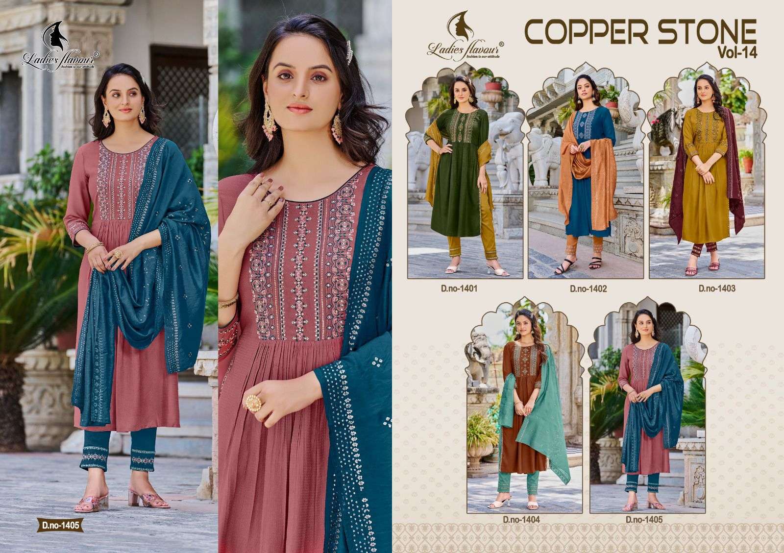 Copper Stone Vol-14 By Ladies Flavour 1401 To 1405 Series Beautiful Stylish Festive Suits Fancy Colorful Casual Wear & Ethnic Wear & Ready To Wear Viscose Embroidered Dresses At Wholesale Price