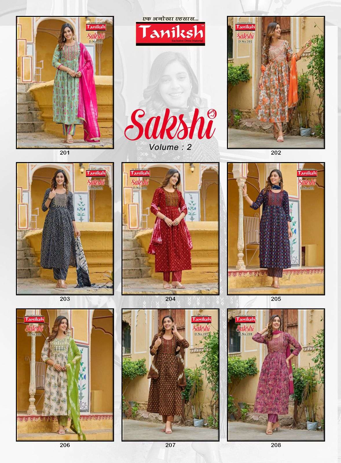 Sakshi Vol-2 By Taniksh 201 To 208 Series Beautiful Suits Colorful Stylish Fancy Casual Wear & Ethnic Wear Pure Cotton Embroidered Dresses At Wholesale Price