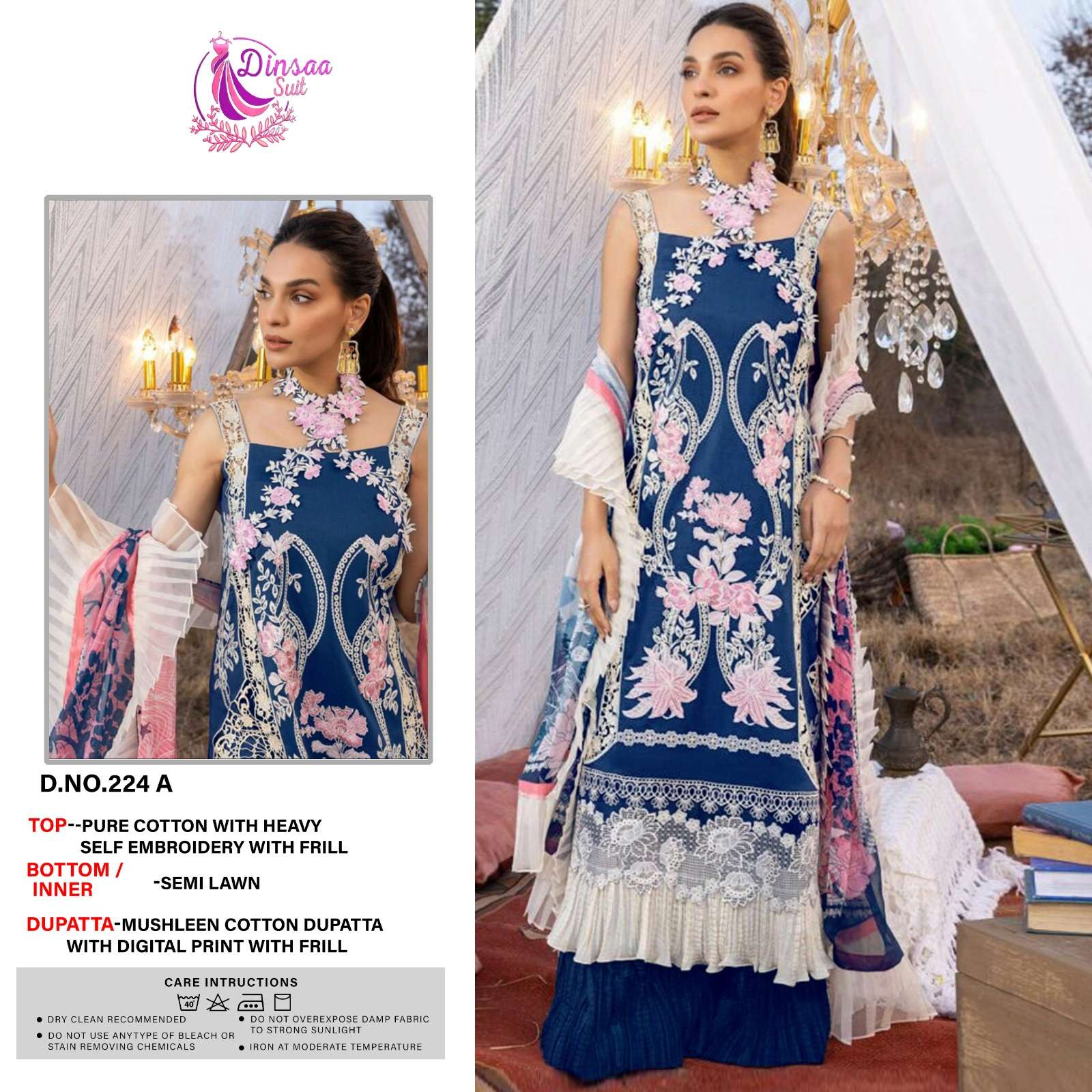 Dinsaa Hit Design 224 Colours By Dinsaa Suits 224-A To 224-D Series Beautiful Pakistani Suits Colorful Stylish Fancy Casual Wear & Ethnic Wear Pure Cotton Embroidered Dresses At Wholesale Price