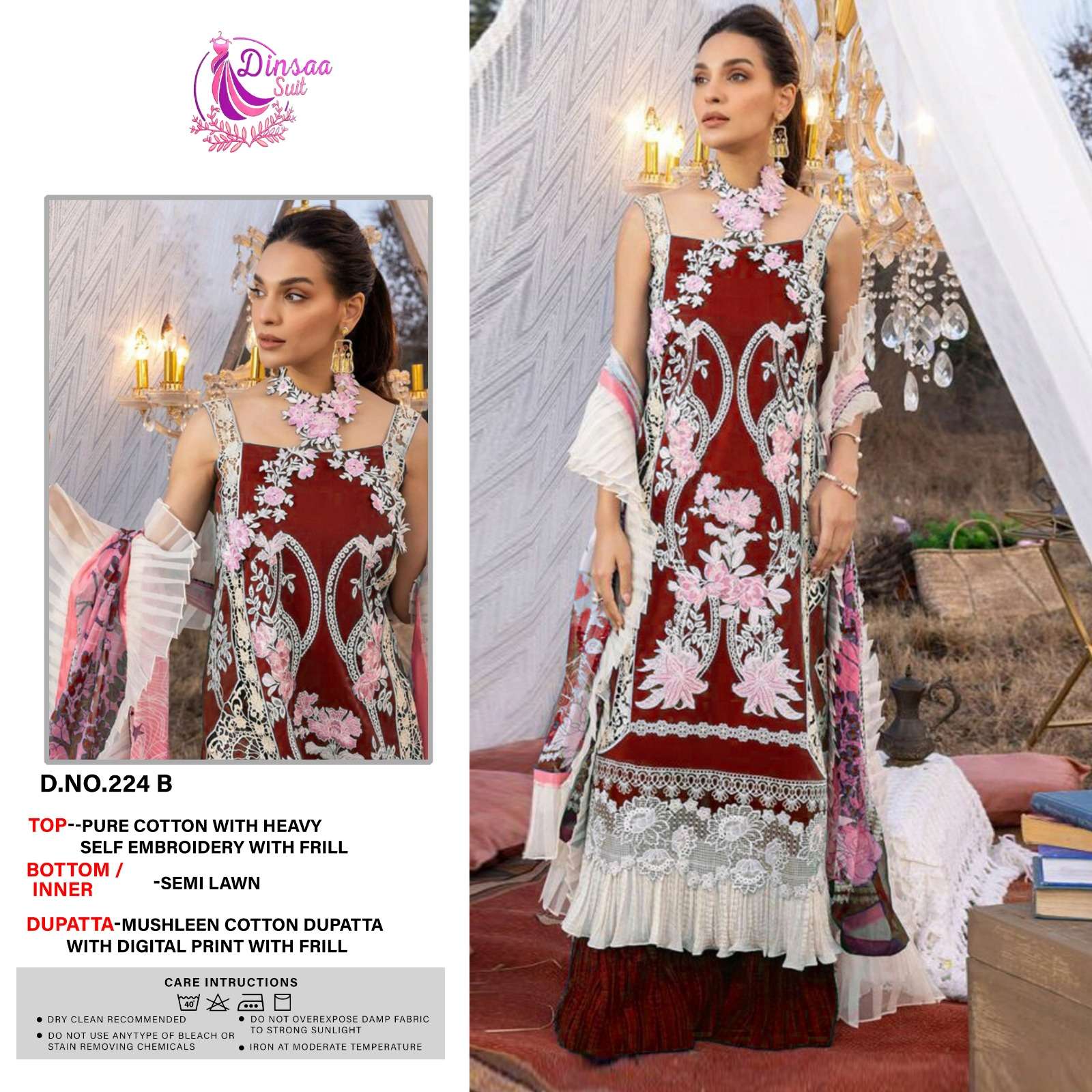 Dinsaa Hit Design 224 Colours By Dinsaa Suits 224-A To 224-D Series Beautiful Pakistani Suits Colorful Stylish Fancy Casual Wear & Ethnic Wear Pure Cotton Embroidered Dresses At Wholesale Price