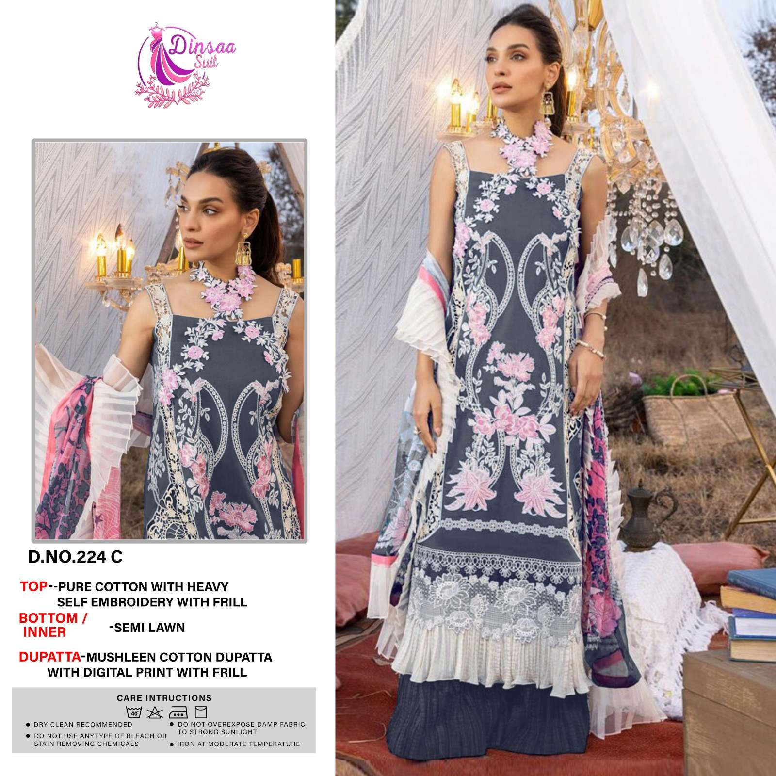 Dinsaa Hit Design 224 Colours By Dinsaa Suits 224-A To 224-D Series Beautiful Pakistani Suits Colorful Stylish Fancy Casual Wear & Ethnic Wear Pure Cotton Embroidered Dresses At Wholesale Price