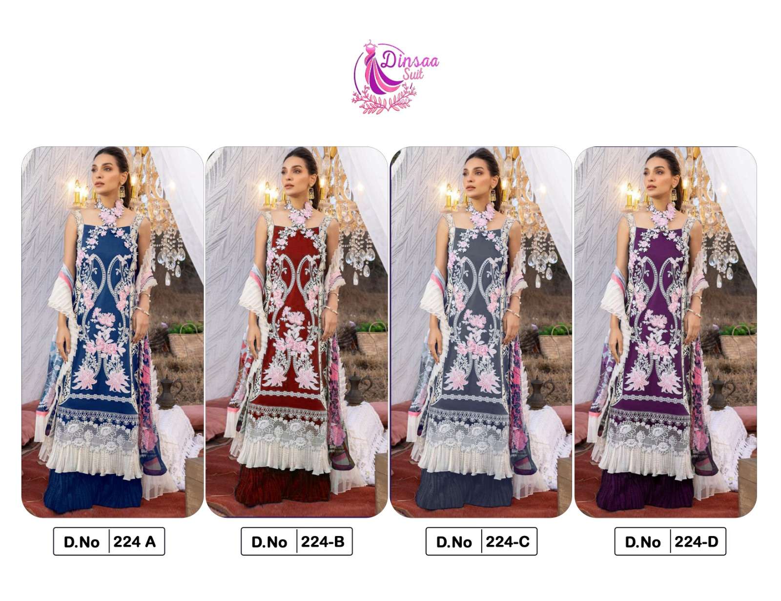 Dinsaa Hit Design 224 Colours By Dinsaa Suits 224-A To 224-D Series Beautiful Pakistani Suits Colorful Stylish Fancy Casual Wear & Ethnic Wear Pure Cotton Embroidered Dresses At Wholesale Price