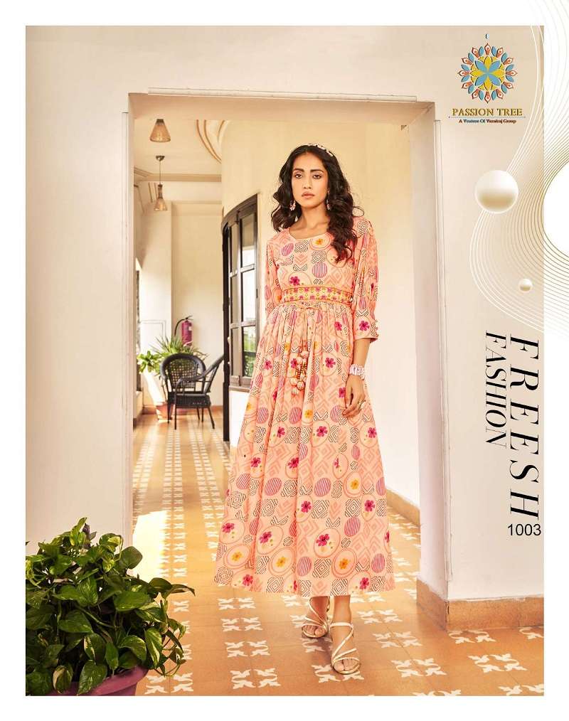 Fashionista Vol-1 By Passion Tree 1001 To 1008 Series Beautiful Stylish Fancy Colorful Casual Wear & Ethnic Wear Muslin Embroidered Gowns With Koti At Wholesale Price