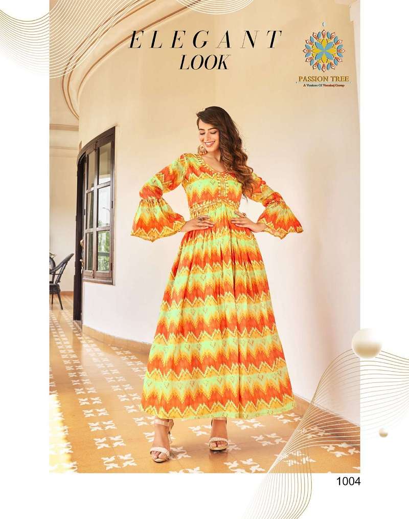 Fashionista Vol-1 By Passion Tree 1001 To 1008 Series Beautiful Stylish Fancy Colorful Casual Wear & Ethnic Wear Muslin Embroidered Gowns With Koti At Wholesale Price