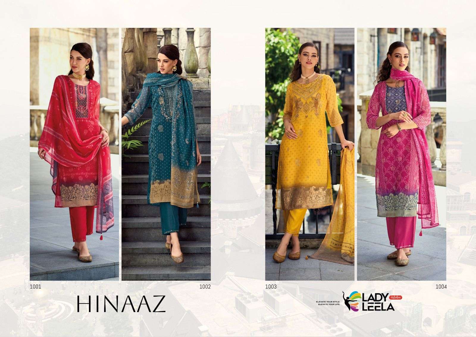 Hinaaz By Lady Leela 1001 To 1004 Series Beautiful Stylish Festive Suits Fancy Colorful Casual Wear & Ethnic Wear & Ready To Wear Viscose Organza Jacquard Dresses At Wholesale Price