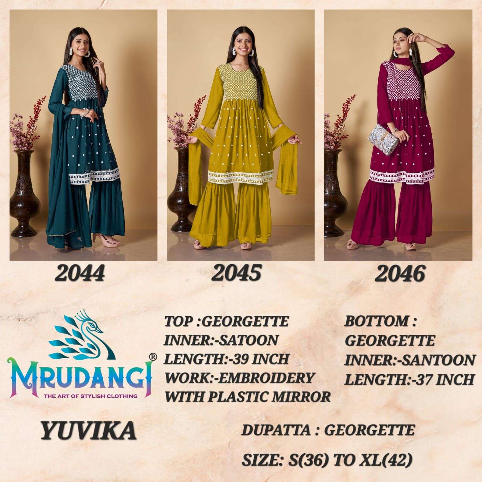 Yuvika By Mrudangi 2044 To 2046 Series Beautiful Stylish Sharara Suits Fancy Colorful Casual Wear & Ethnic Wear & Ready To Wear Georgette Dresses At Wholesale Price