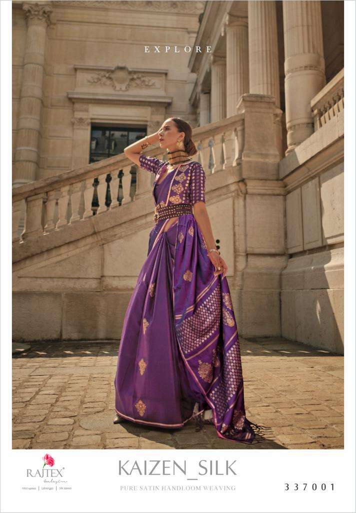 Kaizen Silk By Raj Tex 337001 To 337006 Series Indian Traditional Wear Collection Beautiful Stylish Fancy Colorful Party Wear & Occasional Wear Handloom Satin Sarees At Wholesale Price