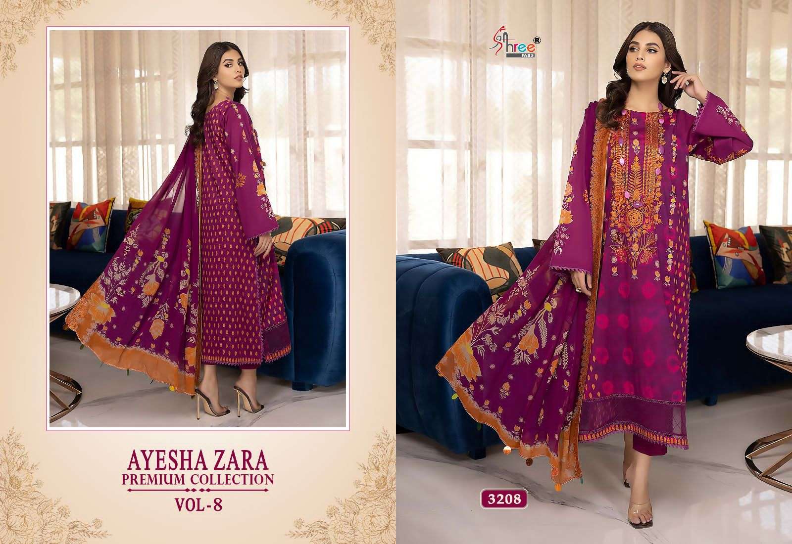 Ayesha Zara Premium Collection Vol-8 By Shree Fabs 3208 To 3212 Series Pakistani Suits Beautiful Fancy Colorful Stylish Party Wear & Occasional Wear Pure Cotton With Embroidery Dresses At Wholesale Price