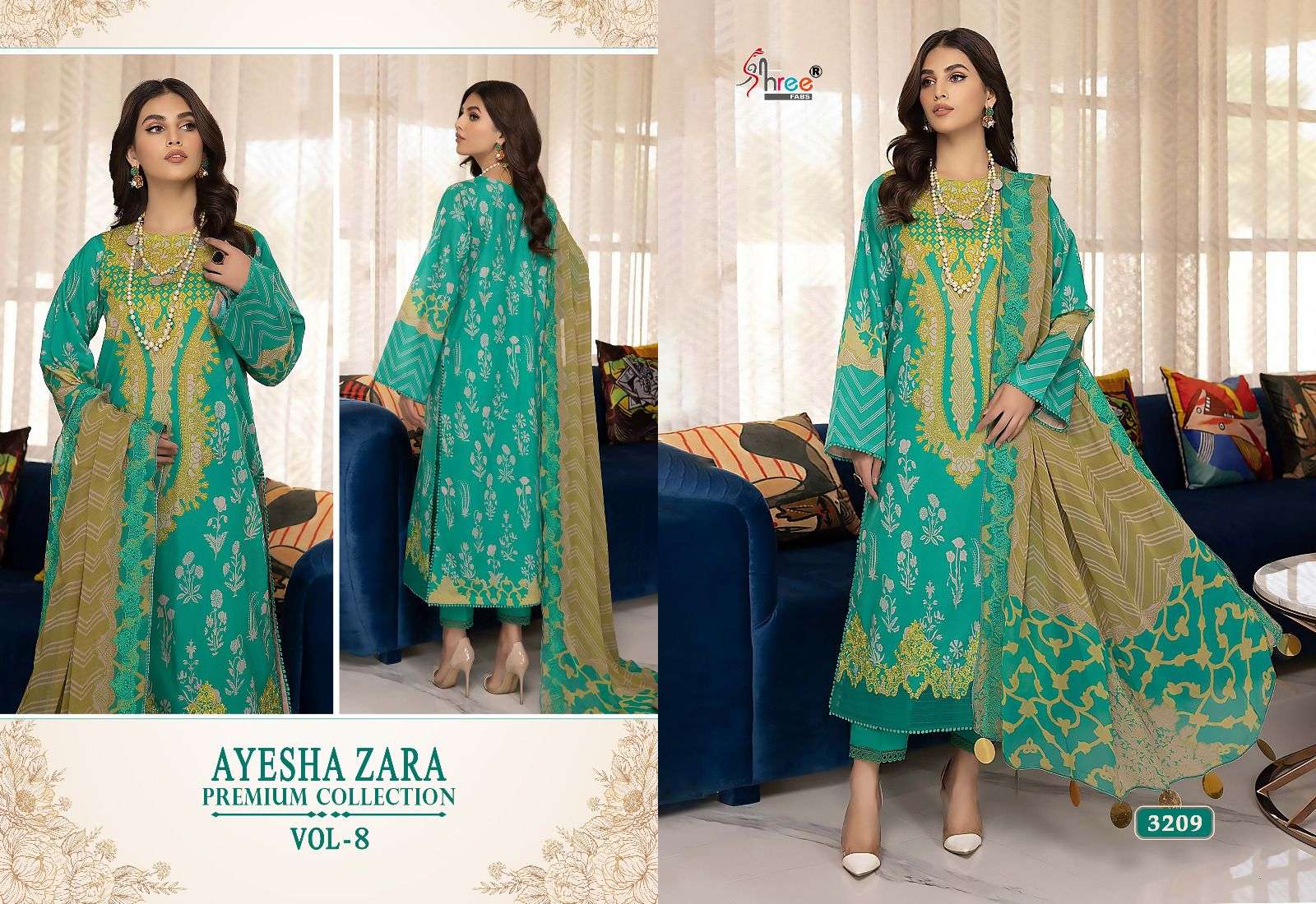 Ayesha Zara Premium Collection Vol-8 By Shree Fabs 3208 To 3212 Series Pakistani Suits Beautiful Fancy Colorful Stylish Party Wear & Occasional Wear Pure Cotton With Embroidery Dresses At Wholesale Price