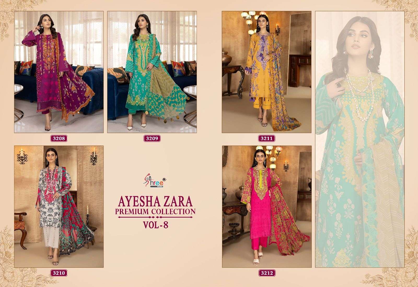 Ayesha Zara Premium Collection Vol-8 By Shree Fabs 3208 To 3212 Series Pakistani Suits Beautiful Fancy Colorful Stylish Party Wear & Occasional Wear Pure Cotton With Embroidery Dresses At Wholesale Price