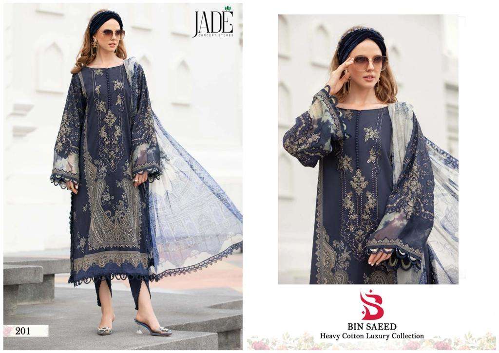 Bin Saeed Vol-2 By Jade 201 To 206 Series Beautiful Stylish Festive Suits Fancy Colorful Casual Wear & Ethnic Wear & Ready To Wear Pure Cotton Print Dresses At Wholesale Price