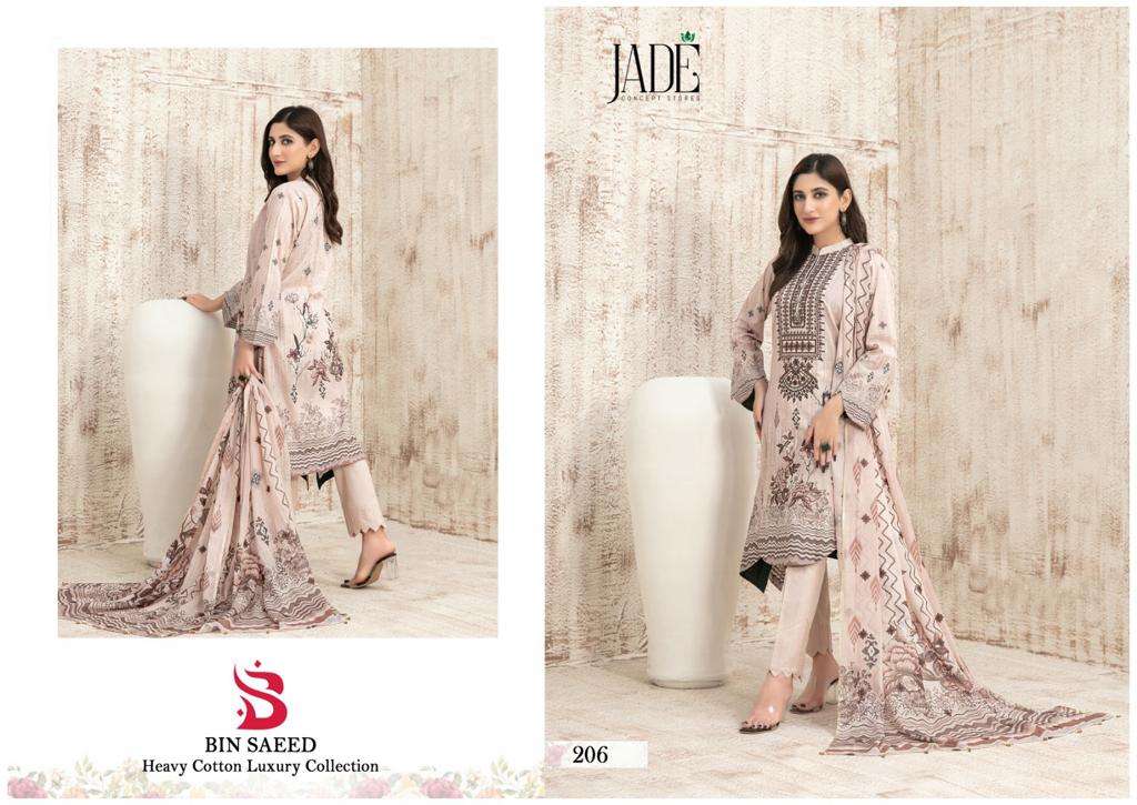 Bin Saeed Vol-2 By Jade 201 To 206 Series Beautiful Stylish Festive Suits Fancy Colorful Casual Wear & Ethnic Wear & Ready To Wear Pure Cotton Print Dresses At Wholesale Price