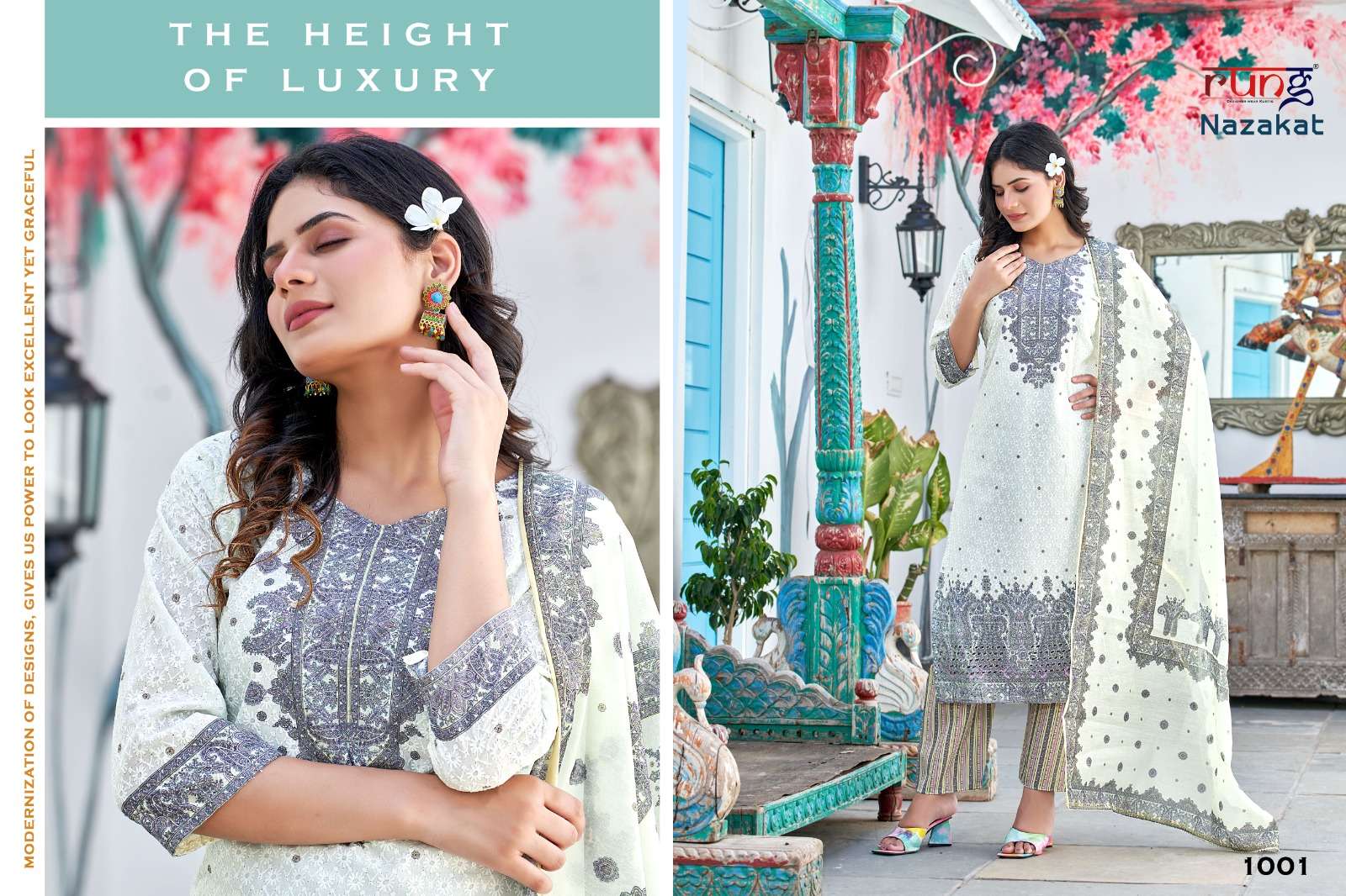 Nazakat By Rung 1001 To 1006 Series Designer Festive Suits Beautiful Stylish Fancy Colorful Party Wear & Occasional Wear Heavy Cotton Embroidered Dresses At Wholesale Price