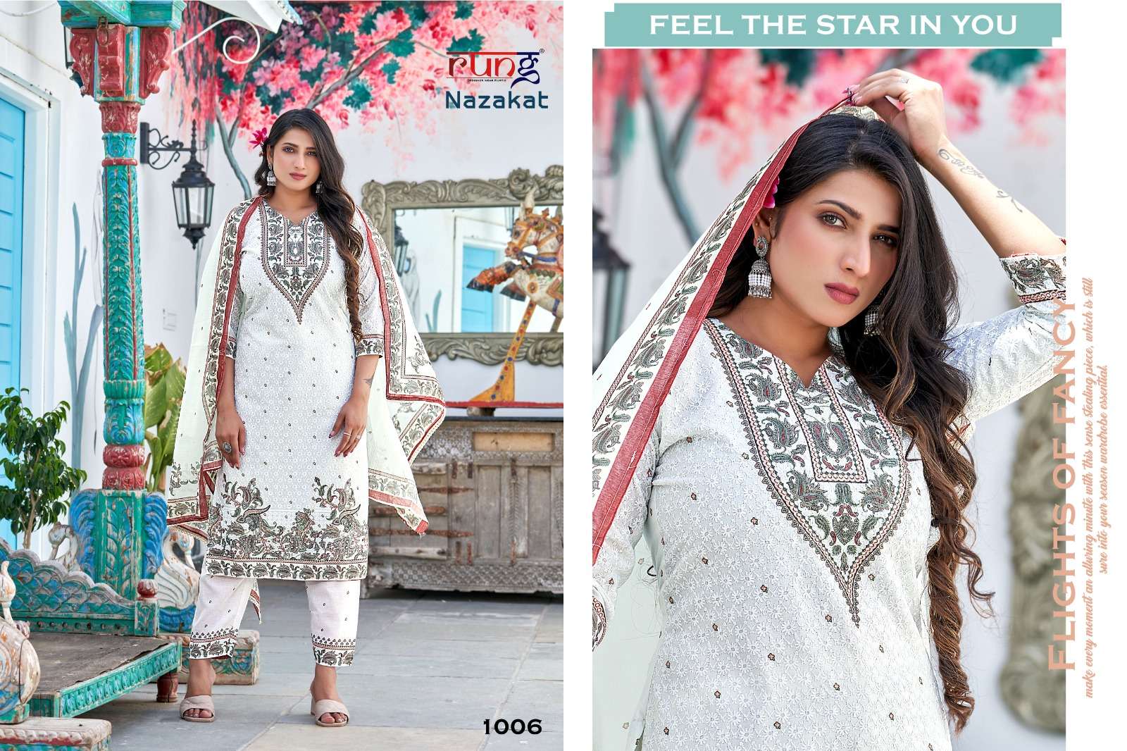 Nazakat By Rung 1001 To 1006 Series Designer Festive Suits Beautiful Stylish Fancy Colorful Party Wear & Occasional Wear Heavy Cotton Embroidered Dresses At Wholesale Price