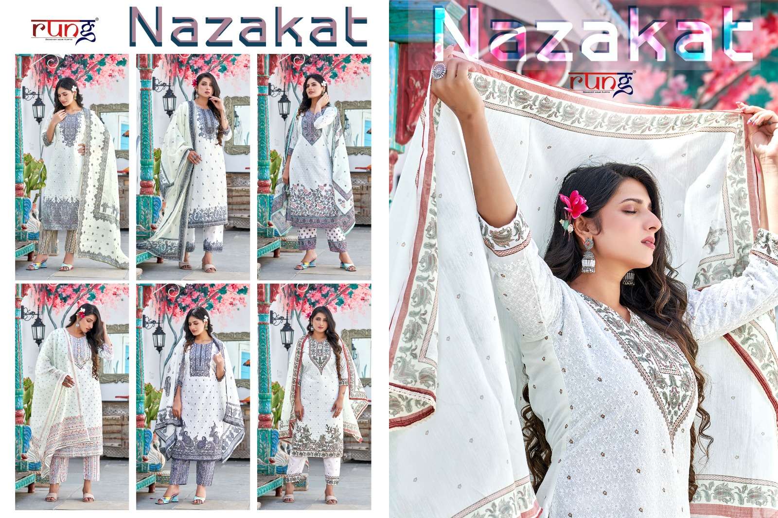 Nazakat By Rung 1001 To 1006 Series Designer Festive Suits Beautiful Stylish Fancy Colorful Party Wear & Occasional Wear Heavy Cotton Embroidered Dresses At Wholesale Price