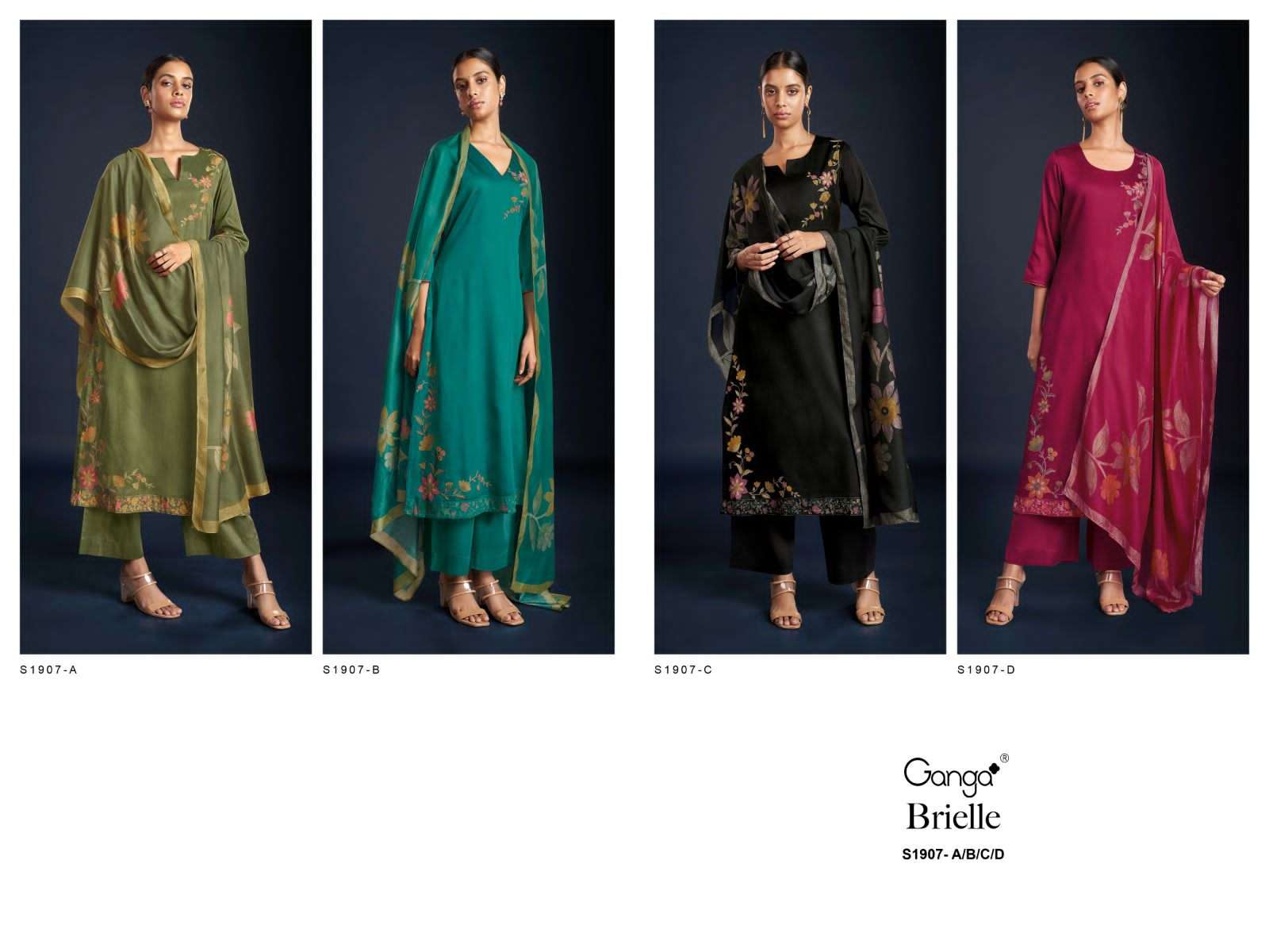 Brielle-1907 By Ganga Fashion 1907-A To 1907-D Series Beautiful Stylish Festive Suits Fancy Colorful Casual Wear & Ethnic Wear & Ready To Wear Cotton Silk Dresses At Wholesale Price