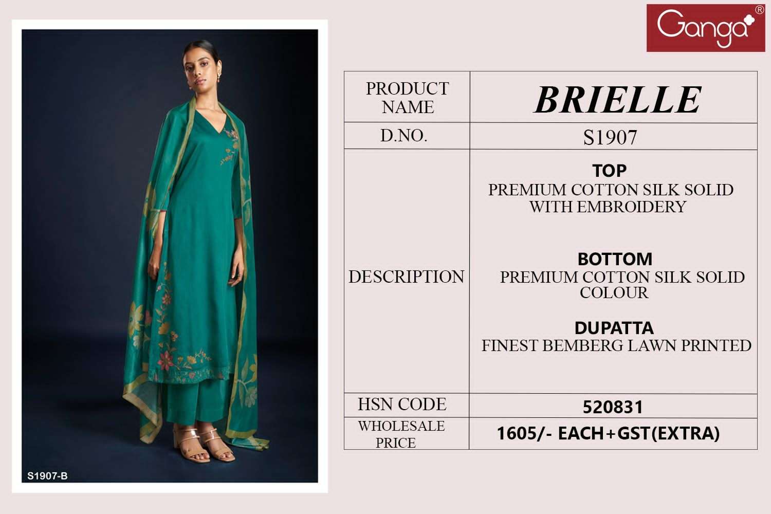Brielle-1907 By Ganga Fashion 1907-A To 1907-D Series Beautiful Stylish Festive Suits Fancy Colorful Casual Wear & Ethnic Wear & Ready To Wear Cotton Silk Dresses At Wholesale Price