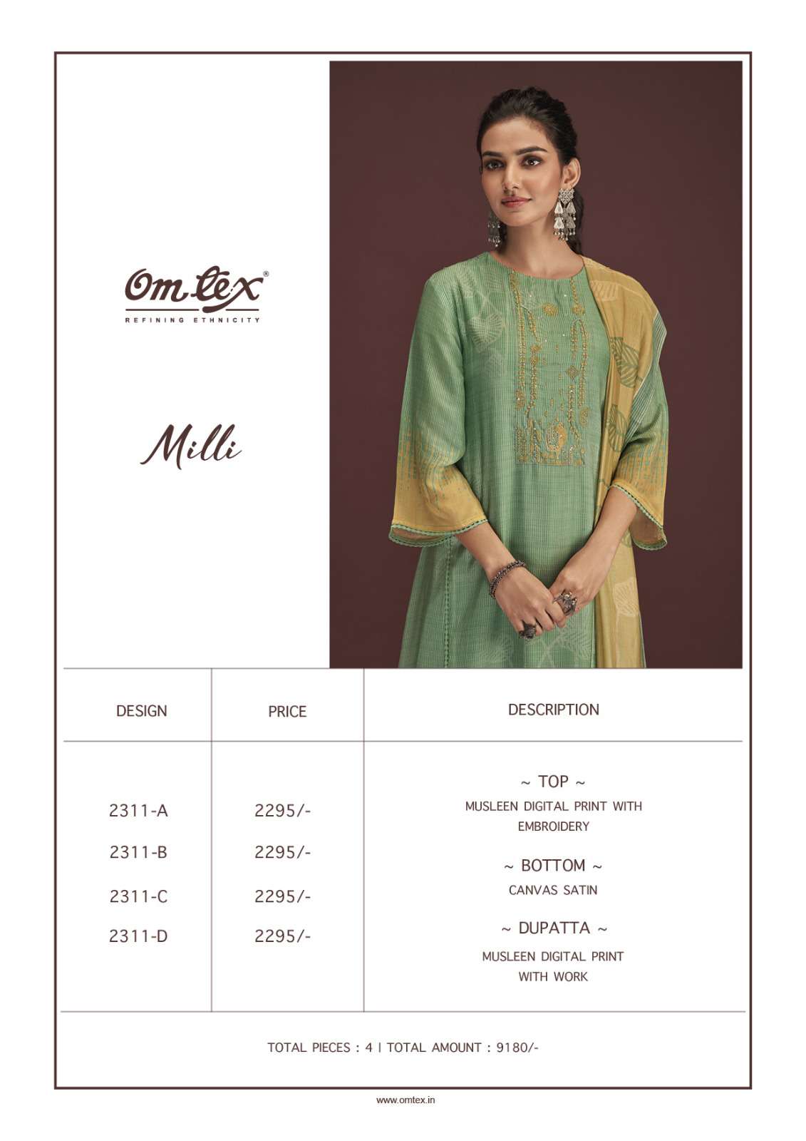 Milli By Om Tex 2311-A To 2311-D Series Beautiful Suits Colorful Stylish Fancy Casual Wear & Ethnic Wear Pure Muslin Digital Print Dresses At Wholesale Price