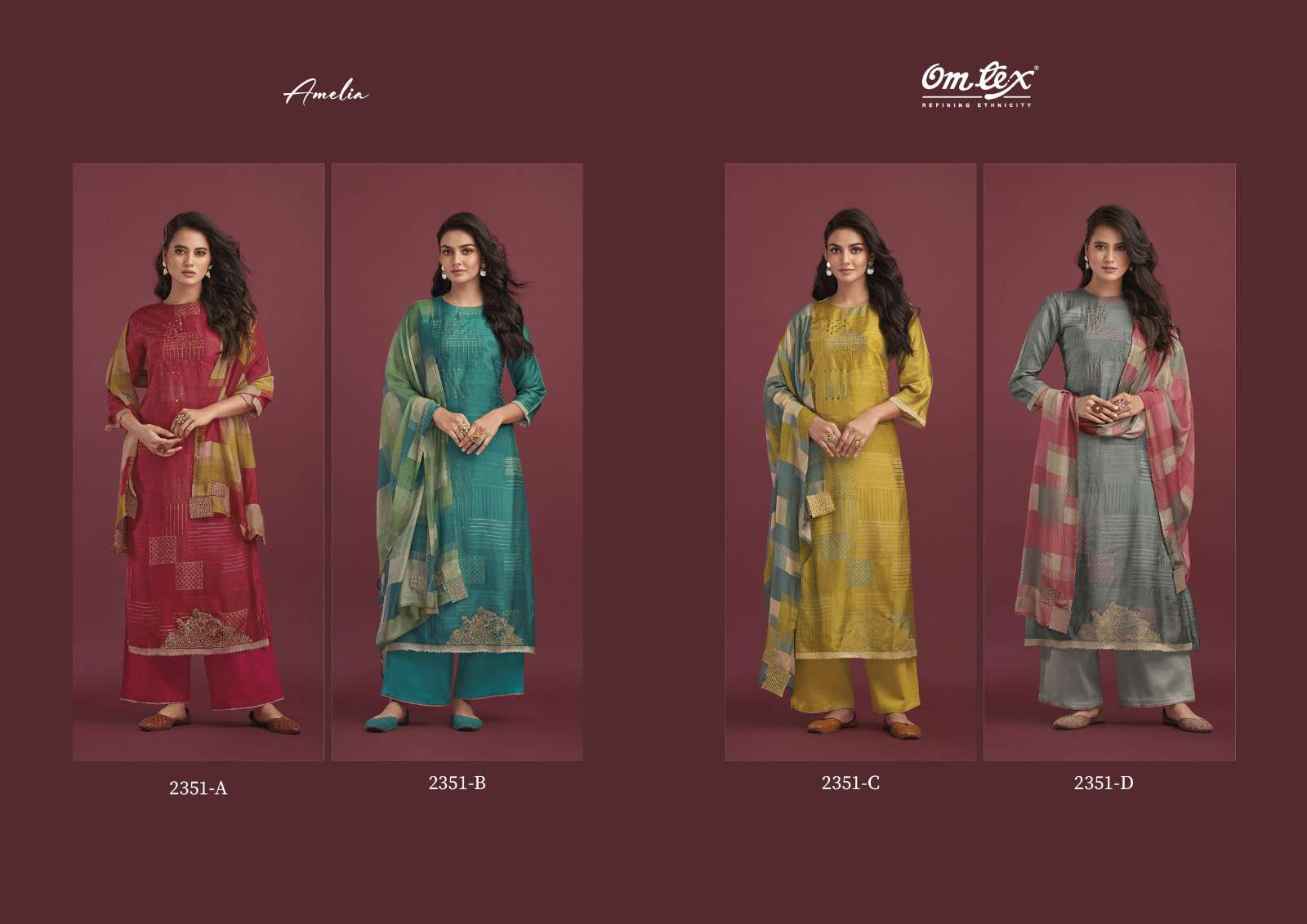 Amelia By Om Tex 2351-A To 2351-D Series Beautiful Suits Colorful Stylish Fancy Casual Wear & Ethnic Wear Pure Silk Digital Print Dresses At Wholesale Price