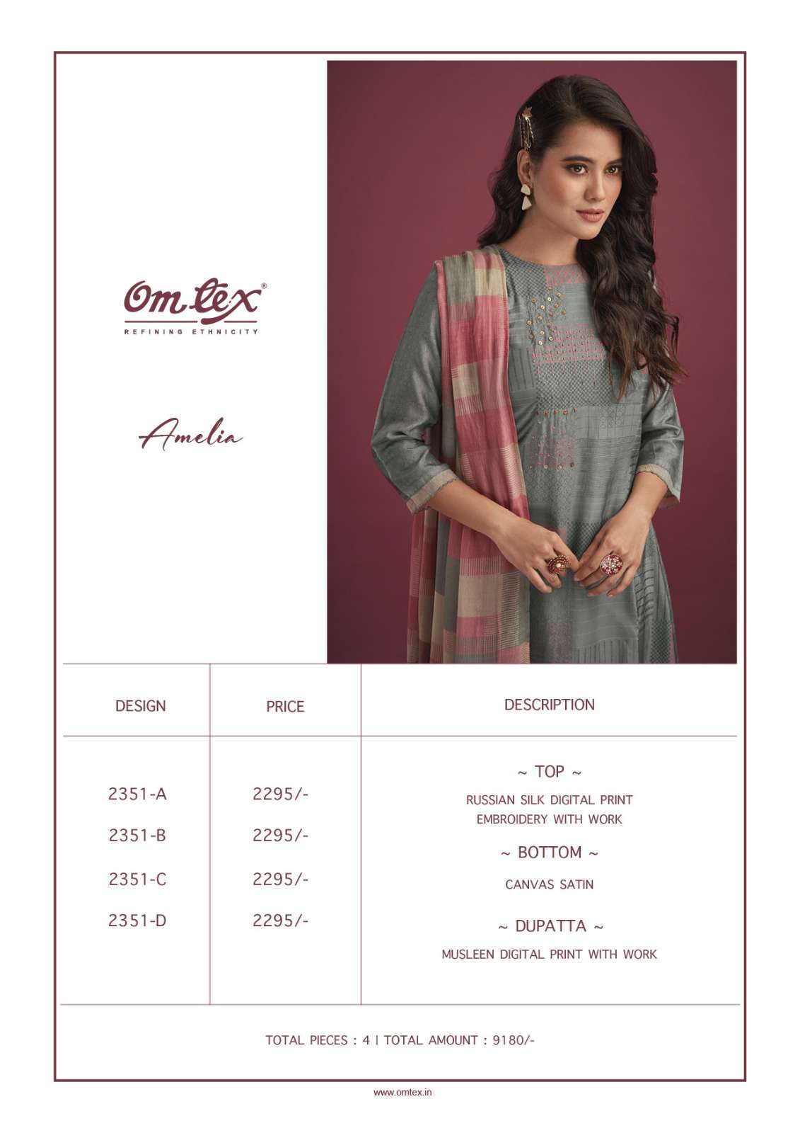 Amelia By Om Tex 2351-A To 2351-D Series Beautiful Suits Colorful Stylish Fancy Casual Wear & Ethnic Wear Pure Silk Digital Print Dresses At Wholesale Price