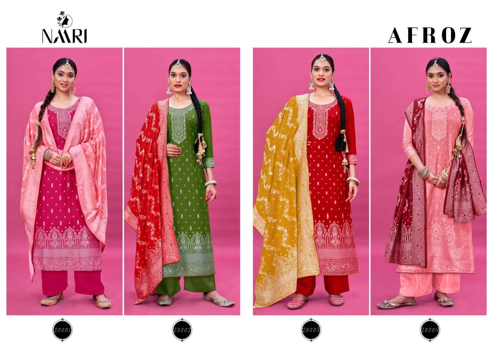 Afroz By Naari 20001 To 20004 Series Beautiful Stylish Festive Suits Fancy Colorful Casual Wear & Ethnic Wear & Ready To Wear Pure Viscose Muslin Jacquard Dresses At Wholesale Price