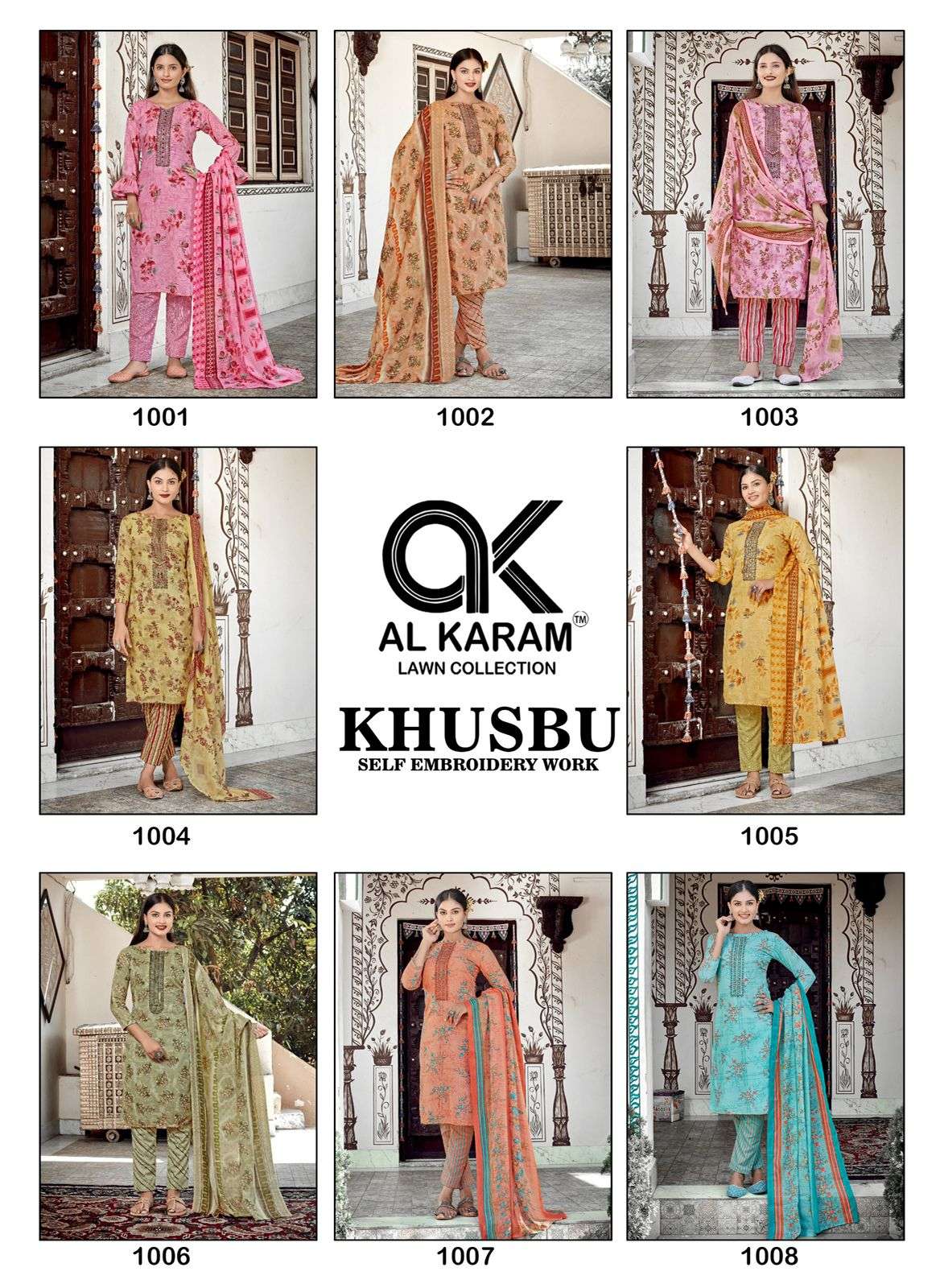 Khusbu By Al Karam Lawn Collection 1001 To 1008 Series Beautiful Stylish Festive Suits Fancy Colorful Casual Wear & Ethnic Wear & Ready To Wear Semi Lawn Embroidered Dresses At Wholesale Price