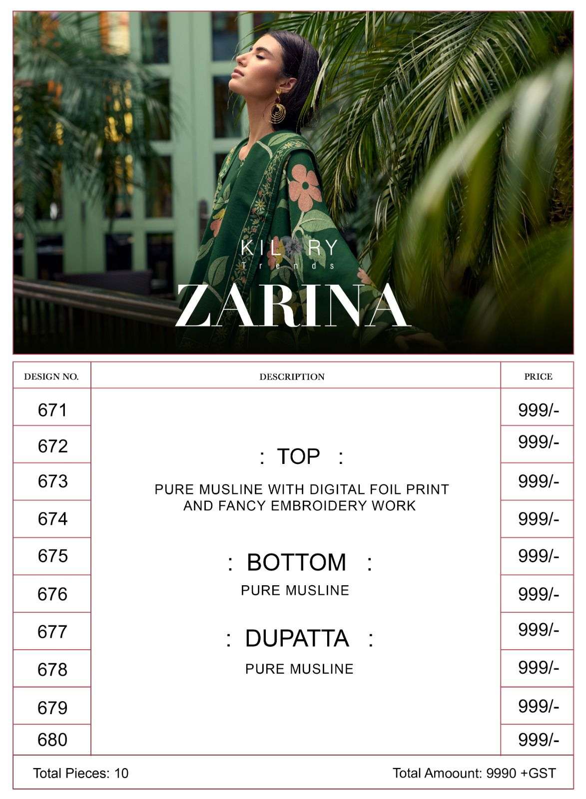 Zarina By Kilory 671 To 680 Series Beautiful Pakistani Suits Colorful Stylish Fancy Casual Wear & Ethnic Wear Pure Muslin Digital Print Dresses At Wholesale Price